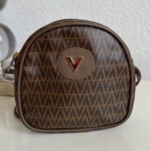 Mario Valentino Brown Monogram Crossbody Bag with Gold V Accent